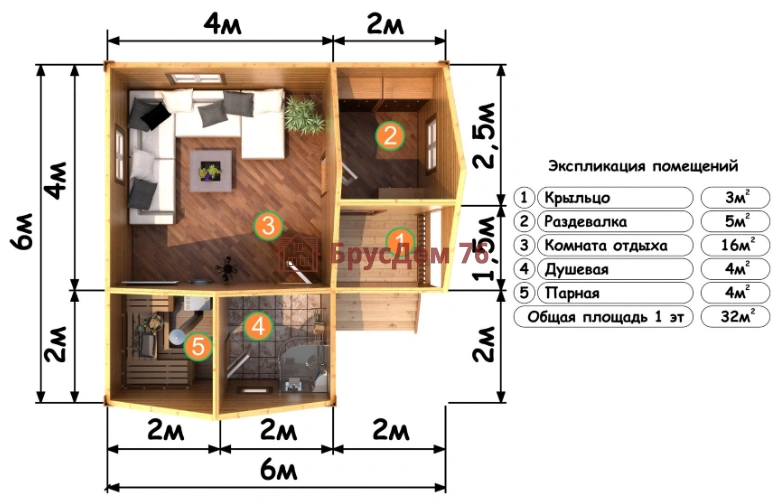 Проект №20 баня из профилированного бруса 6х6  - Ярославль