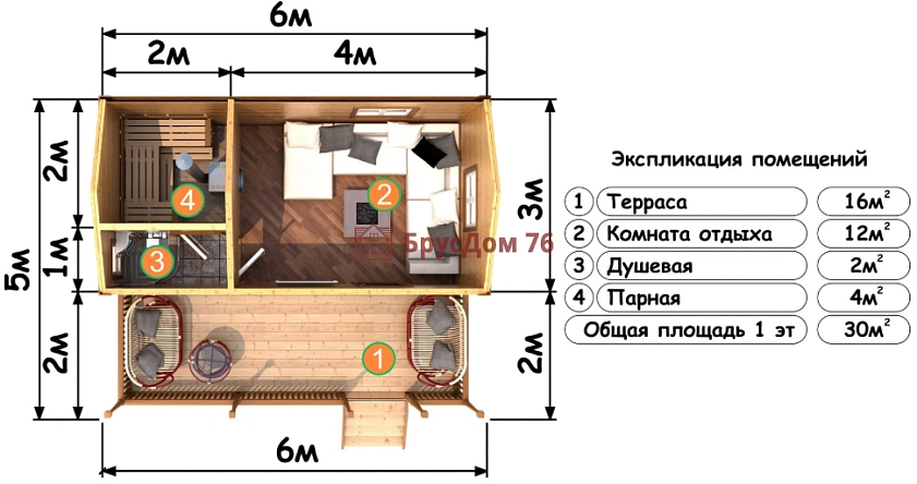 Проект №24 баня из профилированного бруса 6х5  - Ярославль