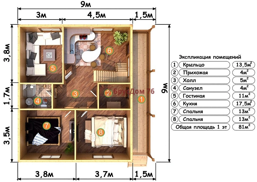 Проект №32 дом из бруса 7х9 - Ярославль