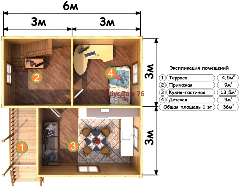 Проект №36 дом из бруса 6х6 - Ярославль